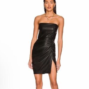 Amanda Uprichard Mohan Strapless Dress Black Faux Leather XS Ruched Mini Party